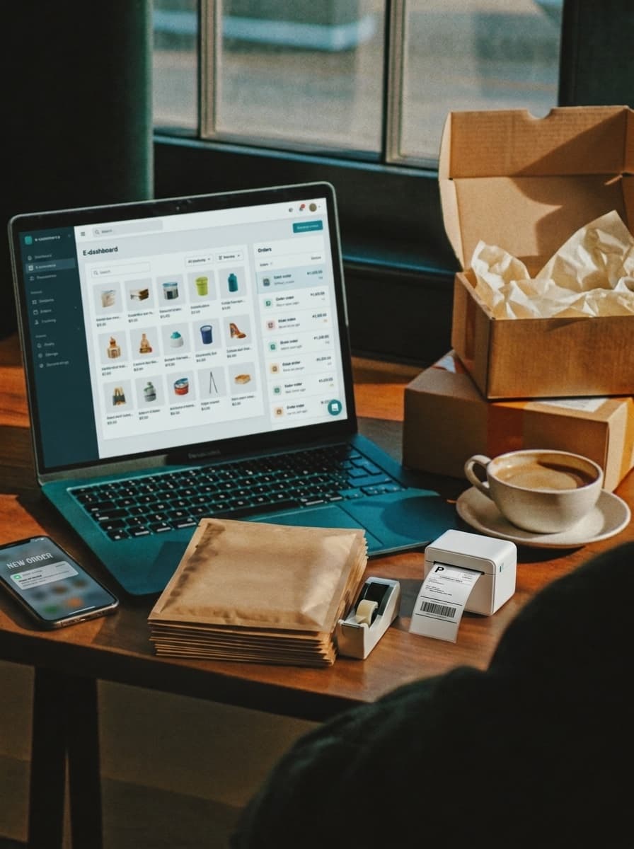 An online-store workspace: laptop showing a storefront admin, an order being packed, a label printer, and shipping supplies